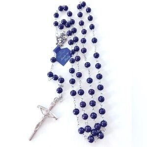 blessed Fatima, midnight, blue rosary beads 2"crucifix & Fatima Sacred heart